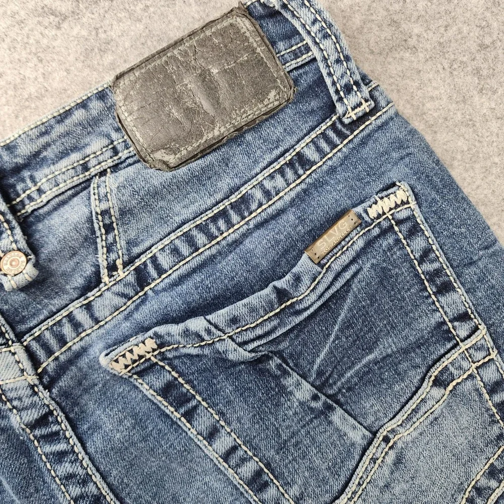 Salvage Mayhem Skinny Blue Distressed Buckle Whiskered Jeans Mens 30x30